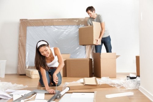 Moving van with sorted recyclable boxes and reusable household items