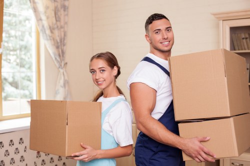 Boxes and furniture arranged for unloading at a new home