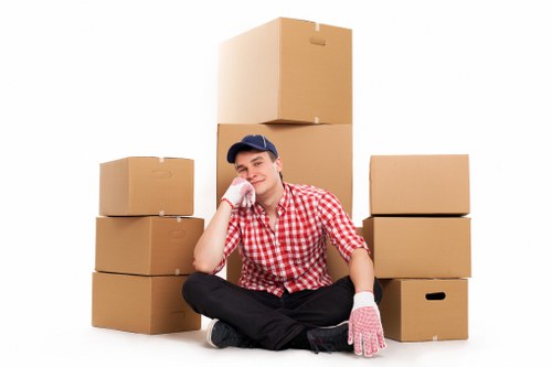 Packed office items ready for a commercial move in Shooters Hill