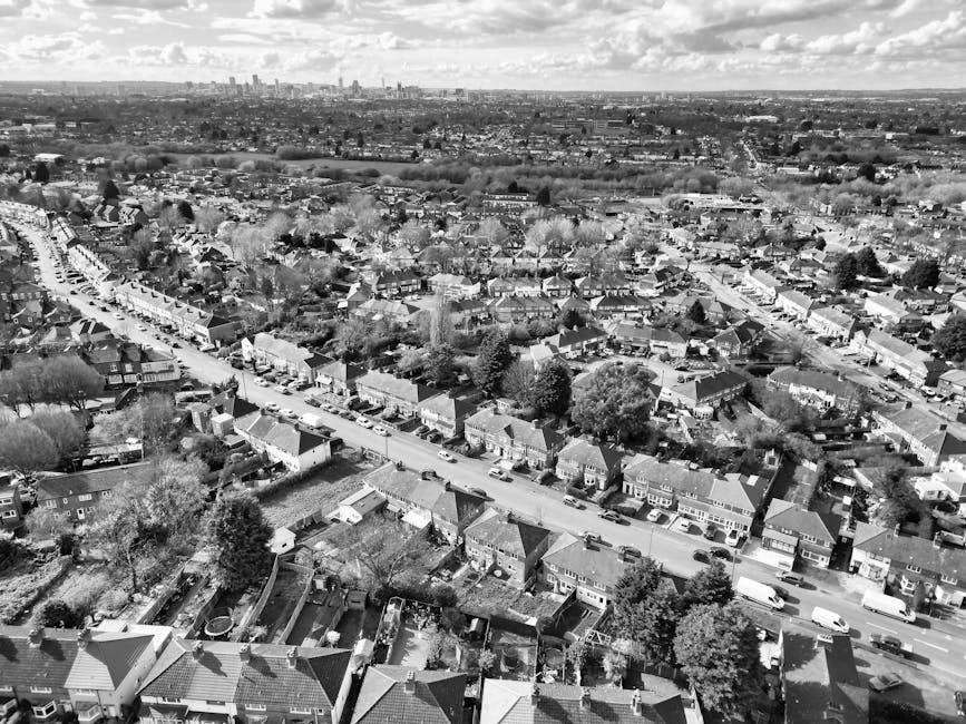 A black-and-white aerial photograph of a residential area showing a street lined with closely spaced terraced houses and semi-detached properties, with some houses having small back gardens. Several cars are parked along the road and in driveways, while trees and greenery are interspersed throughout the neighbourhood. In the background, the landscape extends to an open area with scattered trees and distant structures under a partly cloudy sky. The image captures the urban layout, typical of a UK suburb, and provides context for house removals or home relocation services offered by Man with Van Shooters Hill, illustrating the urban environment where furniture transport and packing and moving activities might take place.