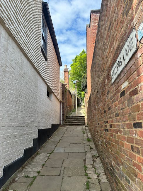A narrow residential alleyway during daytime, with a paved pathway composed of uneven stone slabs. On the left side, there is a white-painted brick building with two small black drainage vents near the bottom, and a black step at the base of the wall. On the right side, a taller brick wall features a weathered street sign reading 'FELLERS LANE.' Further up the alley, a set of stone steps leads to an area with green foliage and trees visible against a partly cloudy sky. The scene is well-lit with natural daylight, providing a clear view of the urban environment, which is used for home relocation or furniture transport activities by companies like Man with Van Shooters Hill, who specialise in removals and moving logistics.